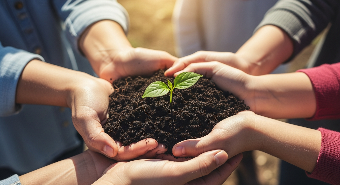 Hands nurturing a seedling, representing community growth